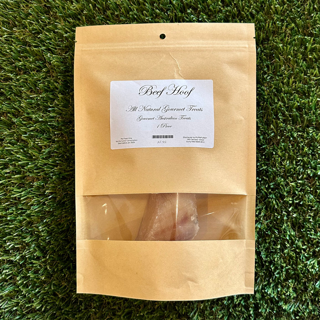 All Natural Gourmet Beef Hoof dog treat in eco-friendly packaging, showcasing 100% natural Australian beef, perfect for long-lasting chewing