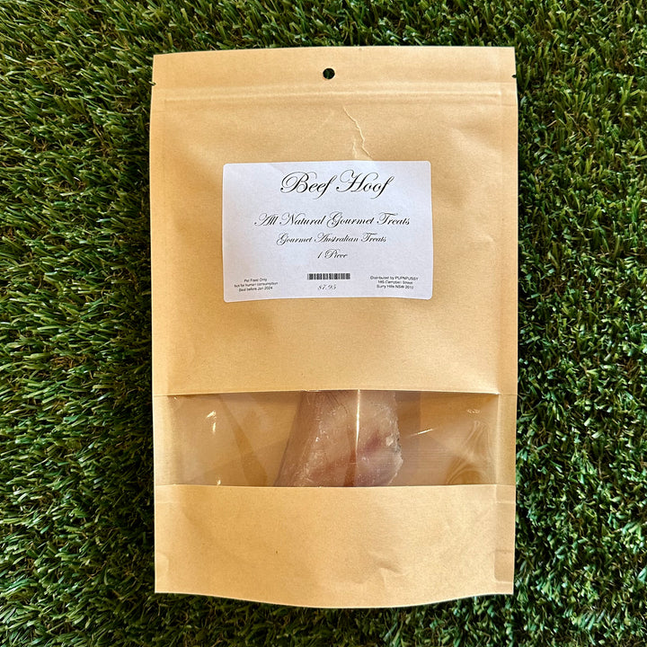 All Natural Gourmet Beef Hoof dog treat in eco-friendly packaging, showcasing 100% natural Australian beef, perfect for long-lasting chewing