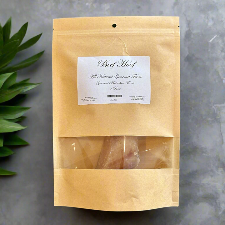 All Natural Gourmet Beef Hoof dog treat in eco-friendly packaging, showcasing 100% natural Australian beef, perfect for long-lasting chewing