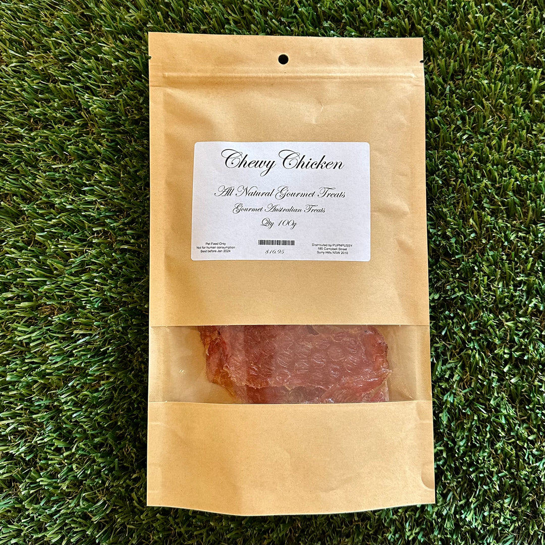 All-natural gourmet chewy chicken dog treats from PupNpussy, made with RSPCA-certified Australian chicken and slow-dried for rich flavour, dental health support, and sustainability