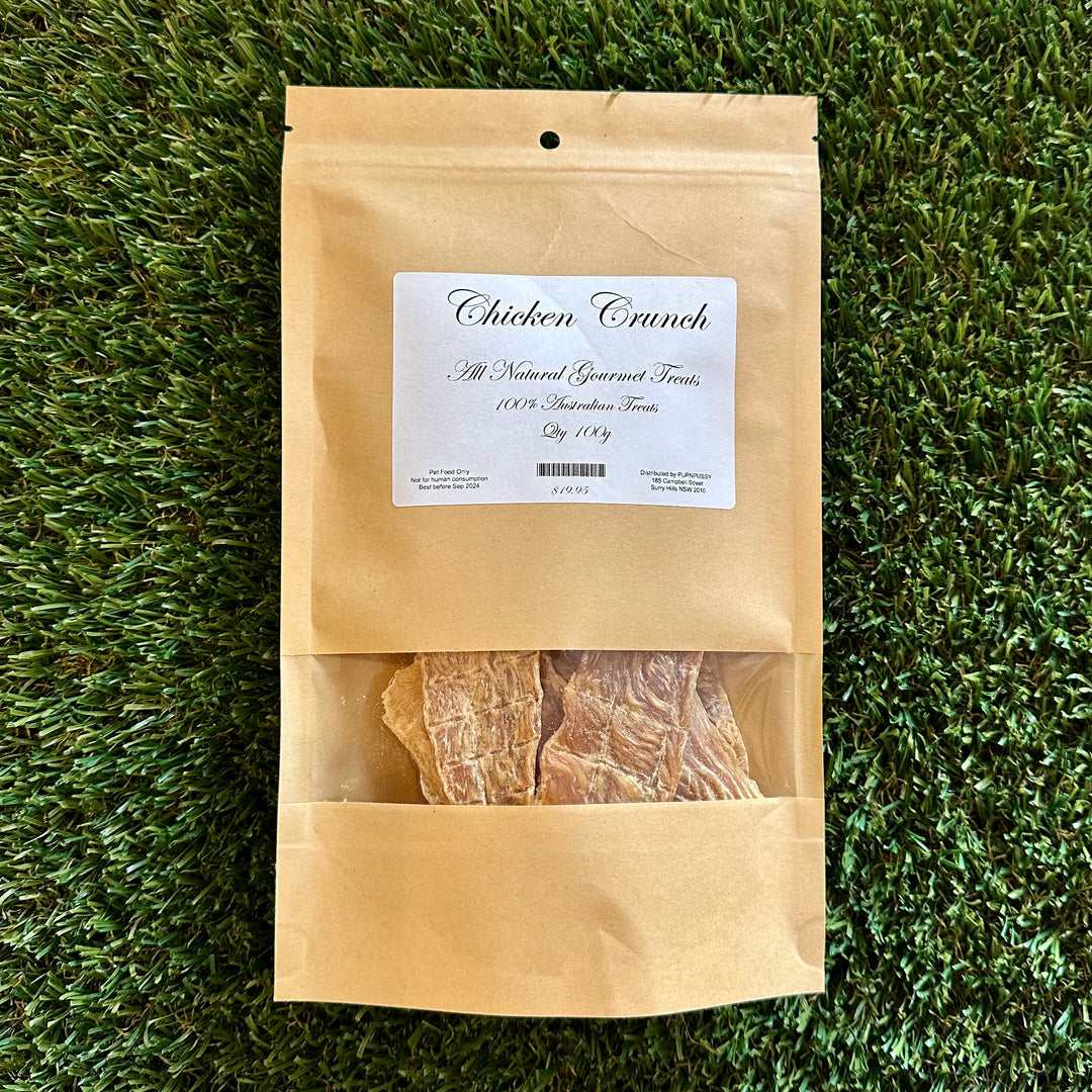 All-natural gourmet chicken crunch dog treats from PupNpussy, made with RSPCA-certified Australian chicken and slow-dried for crisp texture, dental health support, and sensitive tummy friendliness