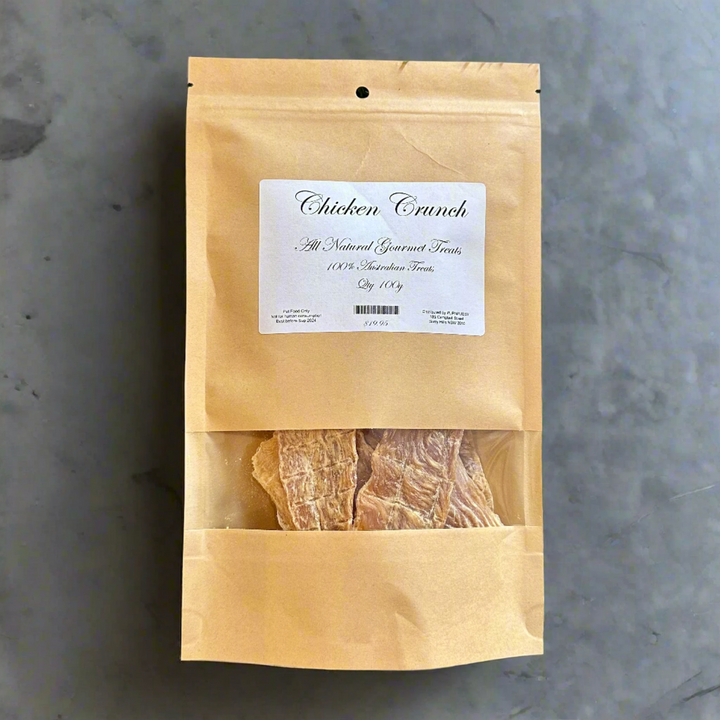 All-natural gourmet chicken crunch dog treats from PupNpussy, made with RSPCA-certified Australian chicken and slow-dried for crisp texture, dental health support, and sensitive tummy friendliness