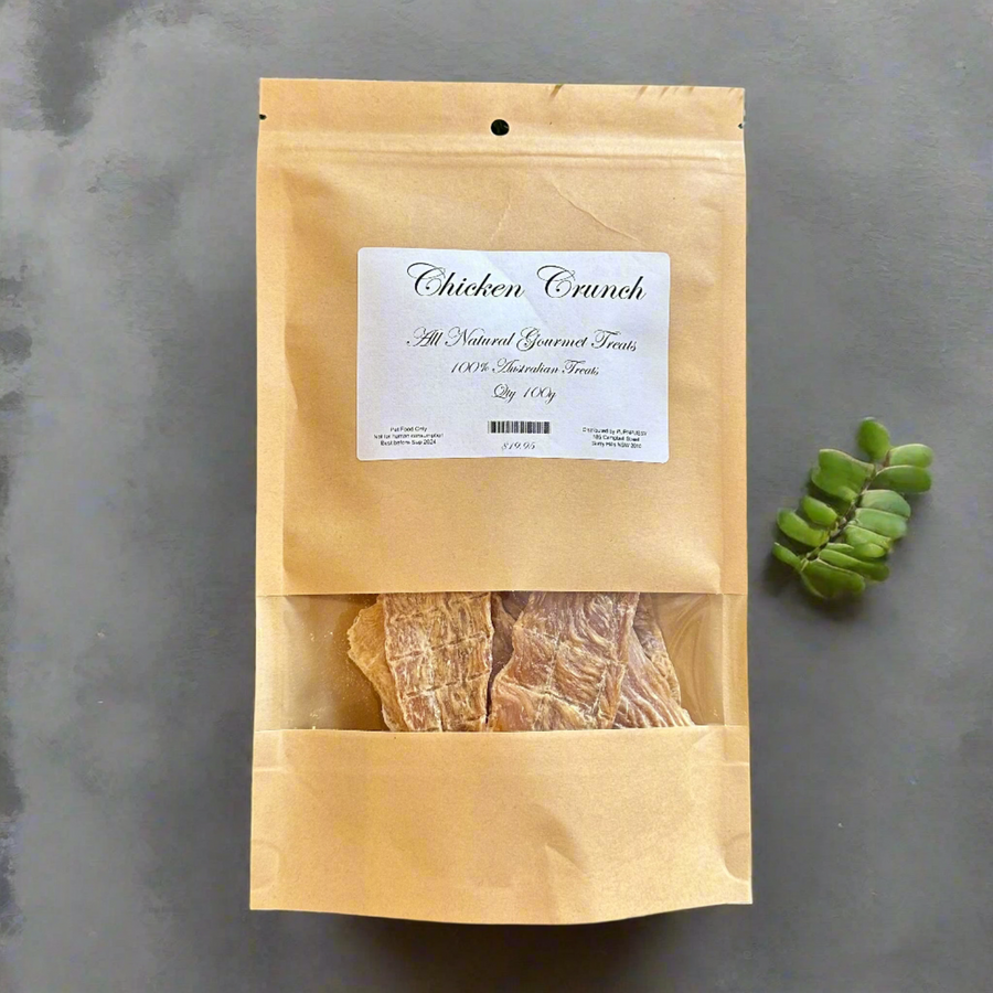All-natural gourmet chicken crunch dog treats from PupNpussy, made with RSPCA-certified Australian chicken and slow-dried for crisp texture, dental health support, and sensitive tummy friendliness