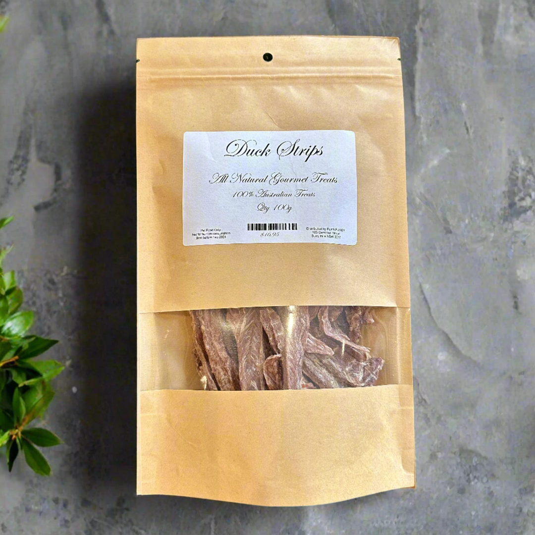 All-natural gourmet duck strip dog treats from PupNpussy, Australian-sourced and air-dried for rich flavour, hypoallergenic protein, and dental health support