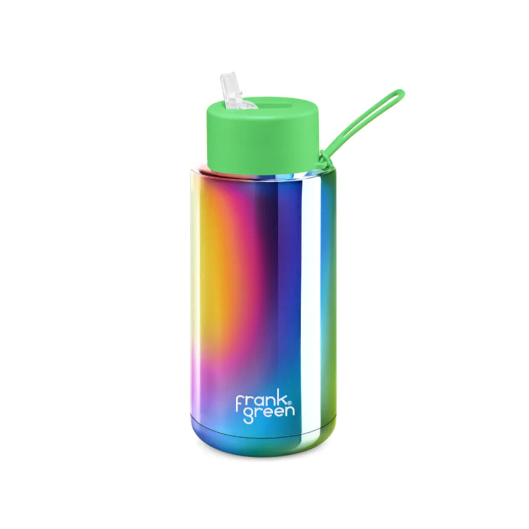 Frank Green Ceramic Reusable Bottle With Straw Lid 1000ml/34oz - Chrome Rainbow/Neon Green
