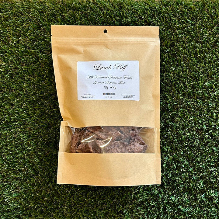 All-natural gourmet lamb puff dog treats from PupNpussy, Australian-sourced and additive-free, offering gentle digestion support, rich flavour, and dental health benefits