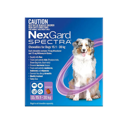 NexGard Spectra - Dogs 15.1-30kg - Tick, Flea, Heartworm, Gut Worms - 3 pack