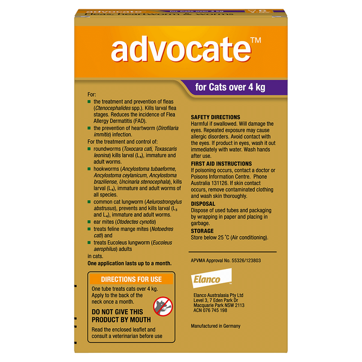 Advocate Heartworm, Fleas and Worms  -  Cats over 4kg  -  3 pack