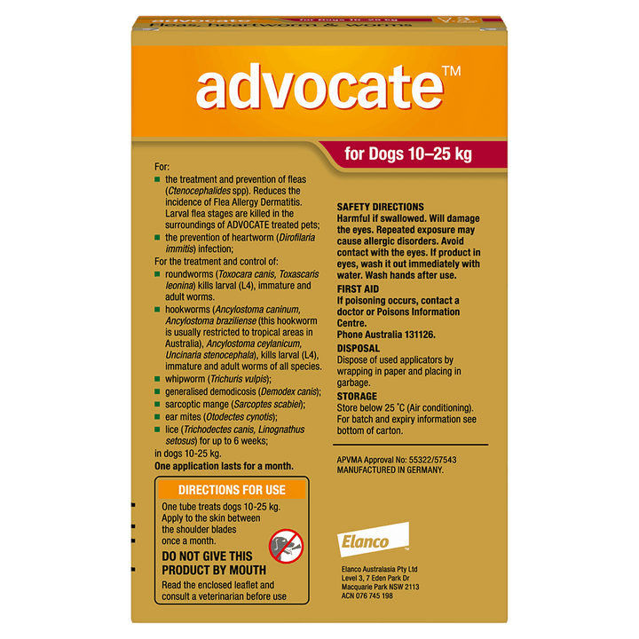 Advocate Fleas, Heartworm & Worms  -  Dogs 10-25kg  -  3 pack